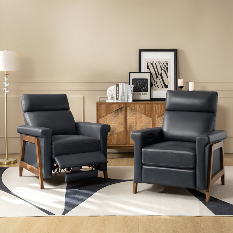 Aryaman 28.75" Wide Genuine Leather Power Recliner with USB Ports, Navy