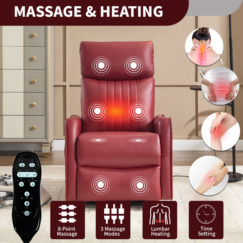 Faux Leather Heat Massage Manual Recliner Chair With Rocker And Swivel, Red