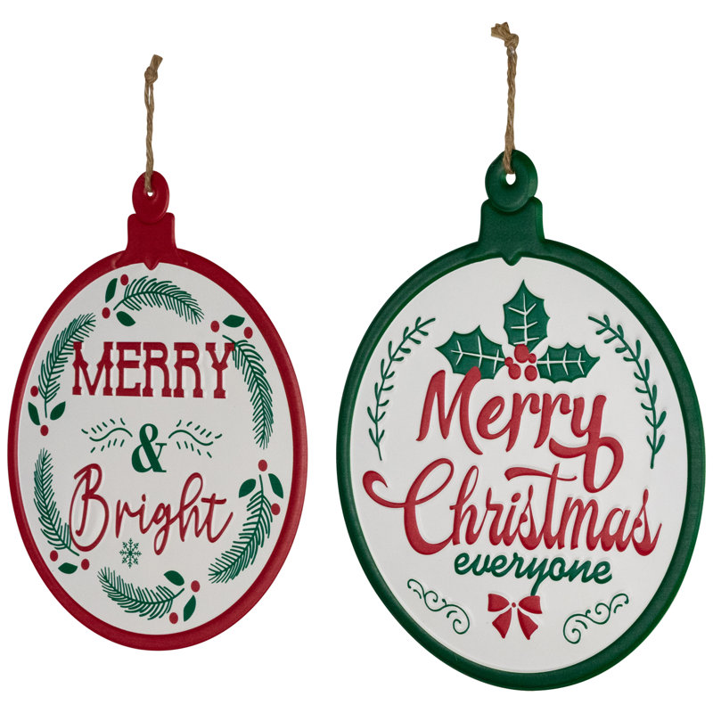 Merry And Bright Ornament Style Metal Christmas Wall Signs - 14" - Red And Green - Set Of 2