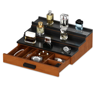 3-Tier Wooden Cologne Organizer for Men – Black Fragrance Display Shelf with Drawer & Hidden Compartment – Perfume, Watch & Jewelry Storage – Ideal Gift for Father, Birthday, Valentine's Day – Black