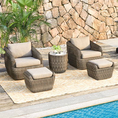 Cambelle 2-Person Outdoor Swivel Rattan Seating Group with Ottomans
