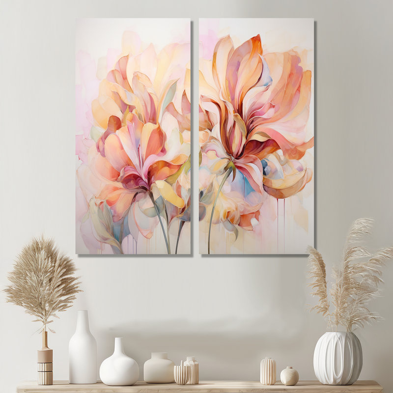 Coral Petal Symphony II - Abstract Botanicals, décoration murale 2 panneaux, H 20 po x l 24 po, Toile tendue
