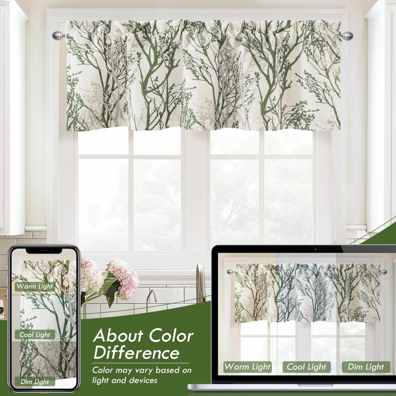 Tree Branch Linen Lined Double Layer Thermal Insulated Room Darkening Blackout Valance, 52" W x 14" L, Green