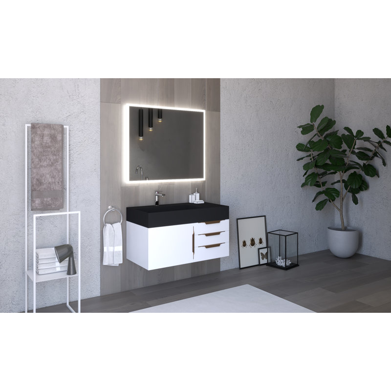 Bassi 36'' Single Bathroom Vanity with Solid Surface Top, White, Black, Gold