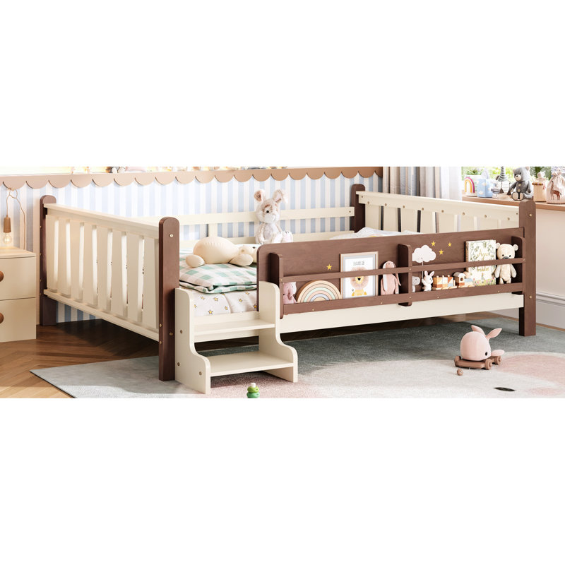 Beige Queen Size Floor Bed With Storage Bookcases, Pine Wood, Guardrails And Easy Assembly For ' Arrangement