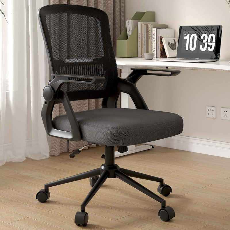 Computer Desk Chair with Flip-up Armrests, Black, Black