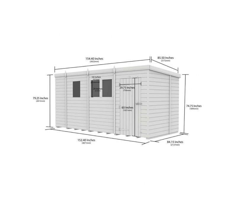 Total Sheds 13ft x 7ft Composite Pent Garden Shed - Single Door - With Windows - EPDM Rubber Roof - UK Manufactured