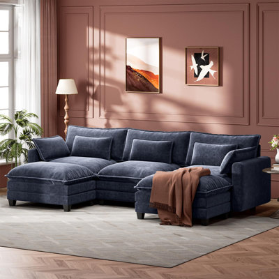 111" Modular Sectional Sofa with 2 Movable Ottomans, U-Shaped Oversized 3-Seat Chenille Cloud Sofa with 5 Pillows for Living Room, Blue