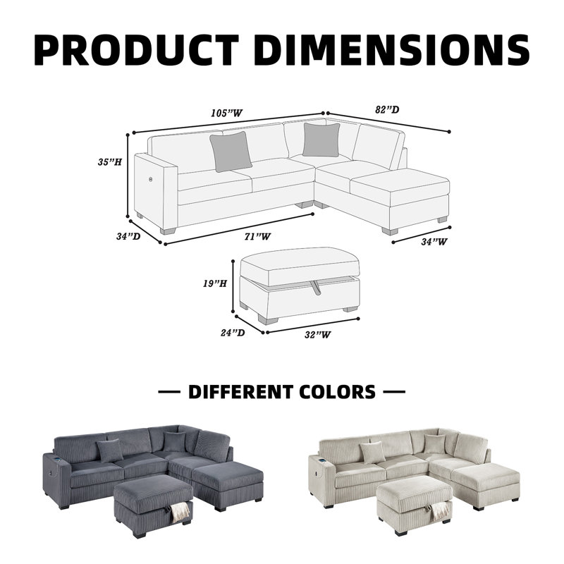 Canapé modulaire modulaire 3 pièces avec charge USB et repose-pieds avec rangement, Chameau