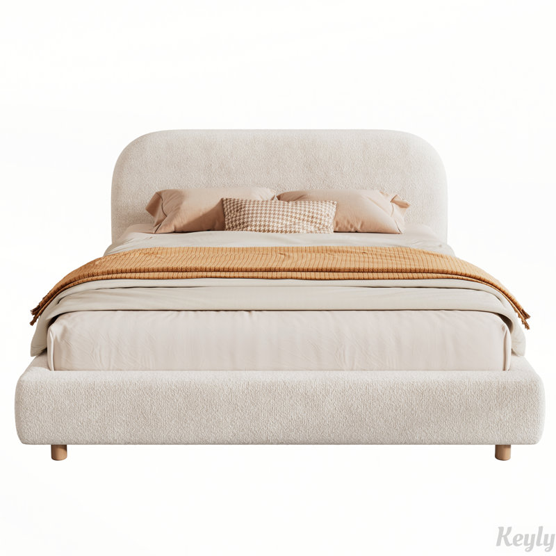 Lit plateforme tapissier avec tête de lit courbée, Blanc, Grand