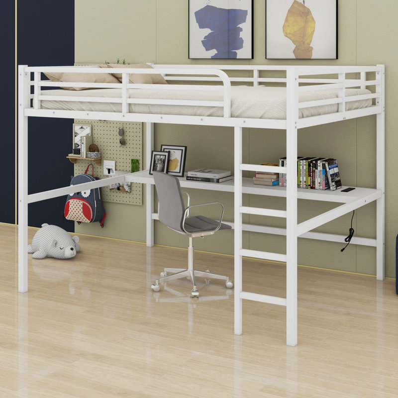 Metal Loft Bed With Power Outlet And LED Lighted, White