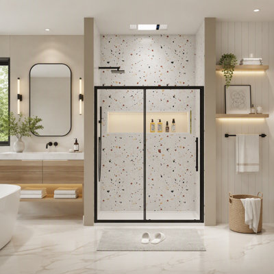 Porte de douche coulissante réglable en verre trempé avec fini noir mat, facile à nettoyer et à installer
