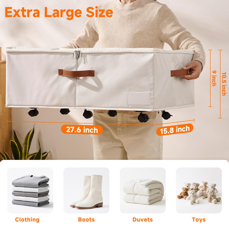 Grand rangement sous le lit avec roulettes, bac à chaussures sous le lit avec couvercle transparent, panier de rangement sous le lit avec sac à roulettes, paquet de 2 (blanc)