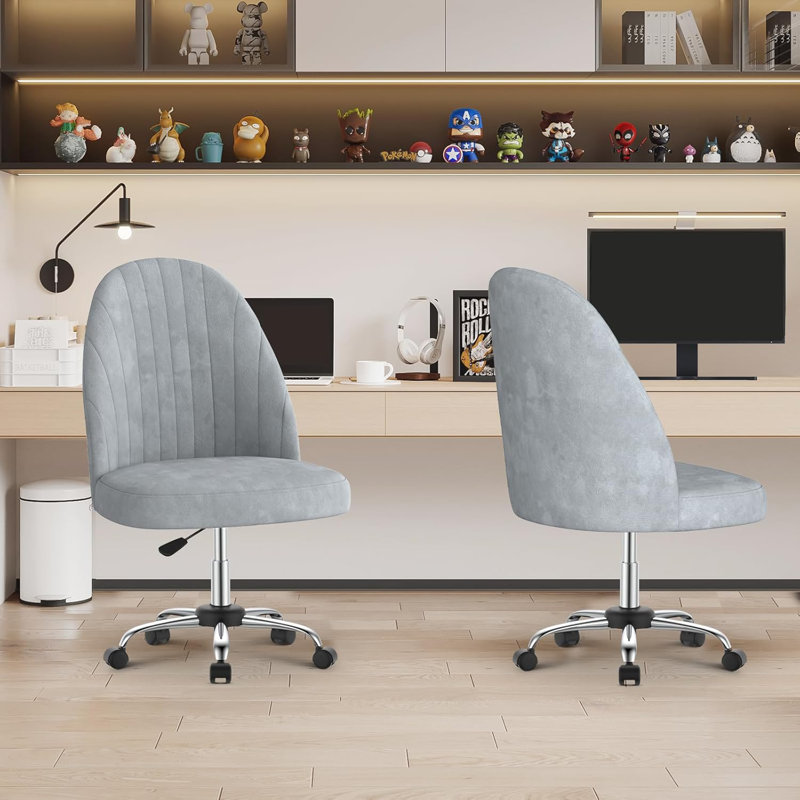 Armless Wide Desk Chair with Wheels, Velvet Swivel Office Chair, Grey