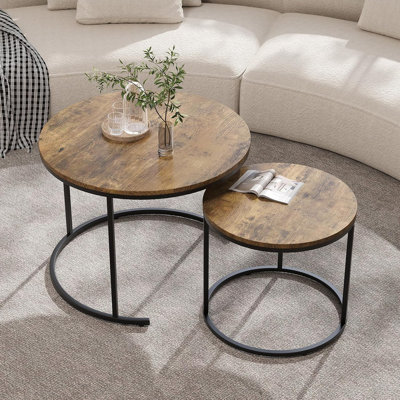 Ensemble de 2 tables basses gigognes 23,6 / 15,7 pouces, table basse ronde pour le salon, tables gigognes peu encombrantes avec plateau en faux marbre, structure en métal, pieds réglables pour la chambre à coucher