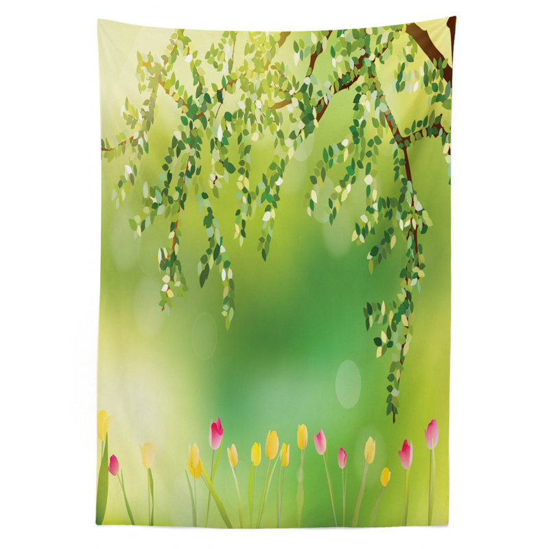 Ambesonne Tulip Tablecloth, Tulips Colored Petals Under Tree Branch In The Park Vivid Dreamy Blooms Work, Rectangular Table Cover For Dining Room Kitchen Decor, 52" X 70", Multicolor