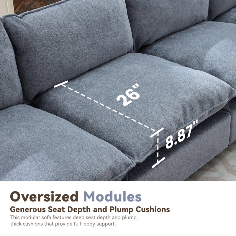 Heffernan 106.77” W Oversized 6-Seater Modular Sofa, Blue Chenille