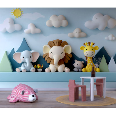 Safari Animal Family Wallpaper – Blue Sky Nursery Wall Mural With Lion, Elephant, Giraffe And Bear, Cute And Happy Jungle Friends For Baby Room Decor 