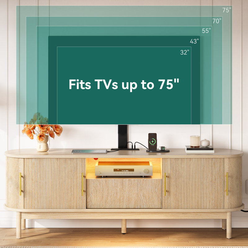 Meuble télé moderne avec cannelure et support de charge, Bois de chêne, H 55 po x l 66 po x P 15,4 po