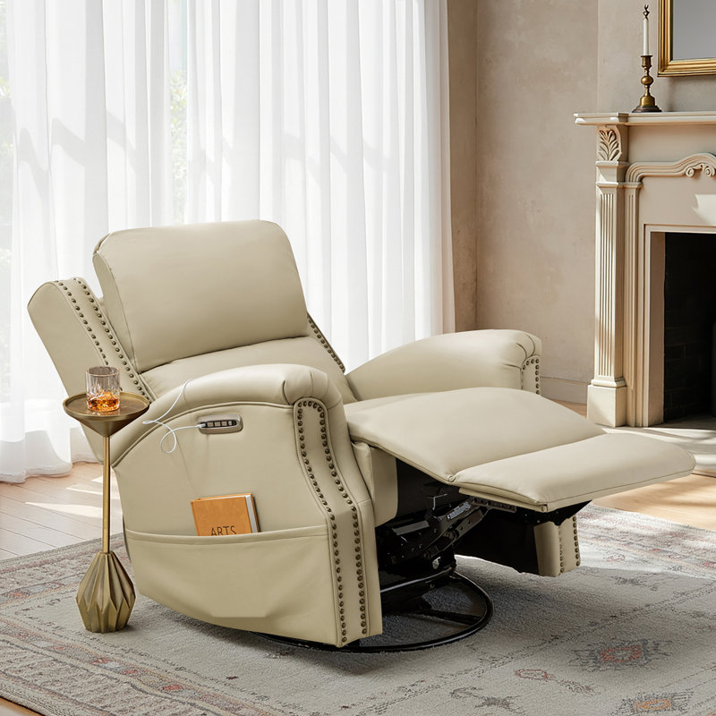 Fauteuil inclinable et oscillant pivotant traditionnel en cuir véritable Bouton, Beige