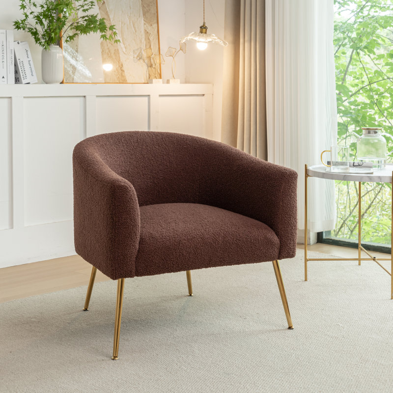 Fauteuil demi-tonneau Jameila, Fausse fourrure brune, 1, Doré
