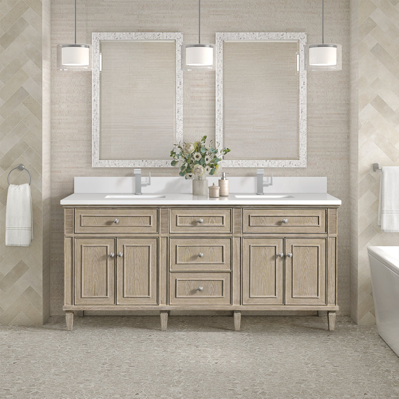 Lorelai 72'' W Double Vanity, Whitewashed Oak, White Zeus, Single-Hole
