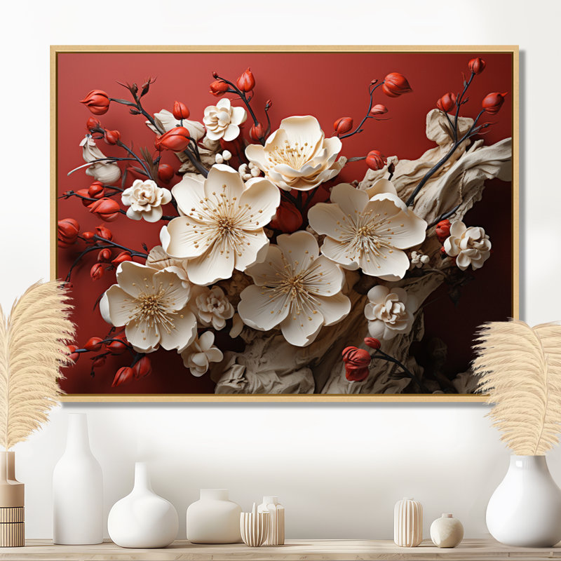 Orchidée blanche et rouge, branches de fleur V - art mural floral abstrait, Cadre flottant brun, H 16 po x l 32 po x P 1 po