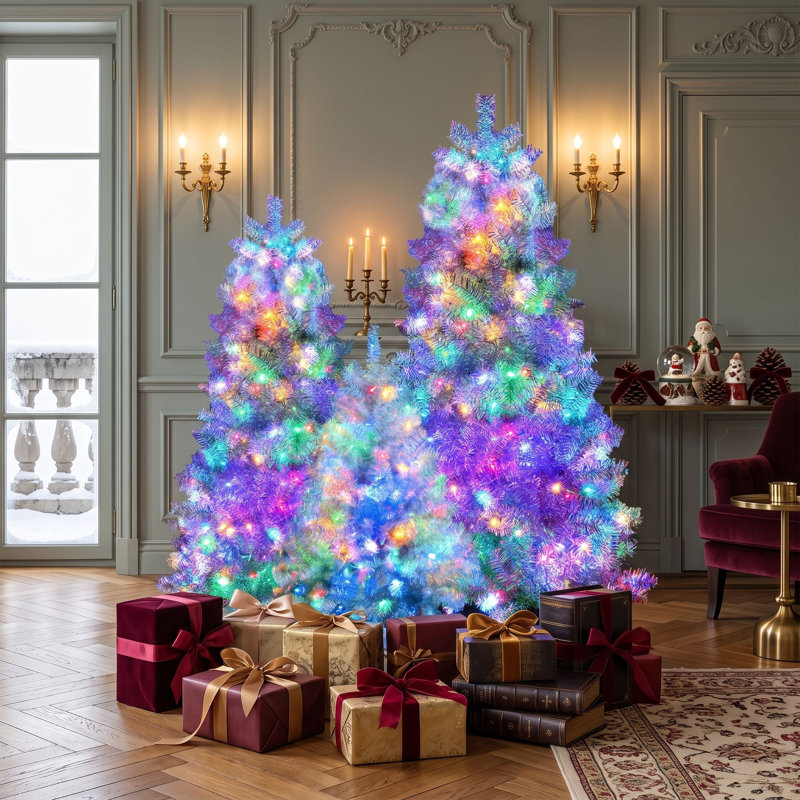 Ensemble d'arbre de Noël articulé artificiel argenté avec 11 modes d'éclairage et branches articulées