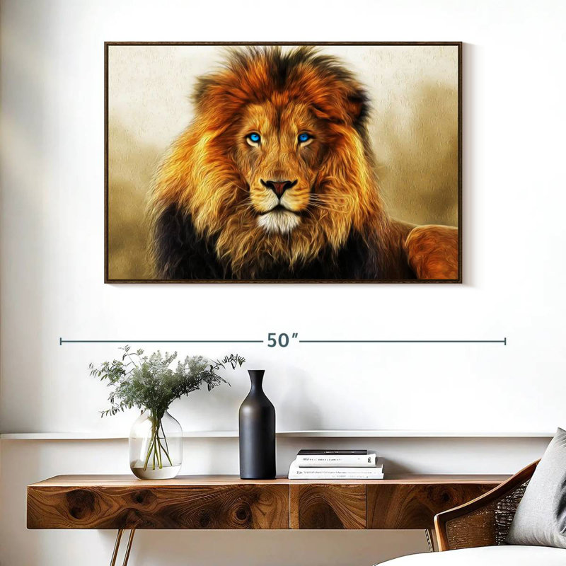 Lion aux yeux bleus, Cadre flottant en noyer, 40 po x 27 po