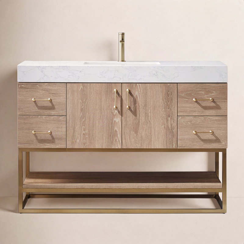 Alistair 48 " W Freestanding Standard 1 Single Vanity Bathroom Vanity With Engineered Stone Top, White, Natural Oak, Gold