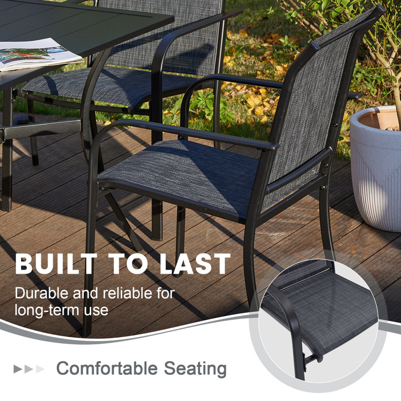 6-Person Patio dining set with Round Dining Table and 6 Stackable Armrest Chairs, Gray/Black