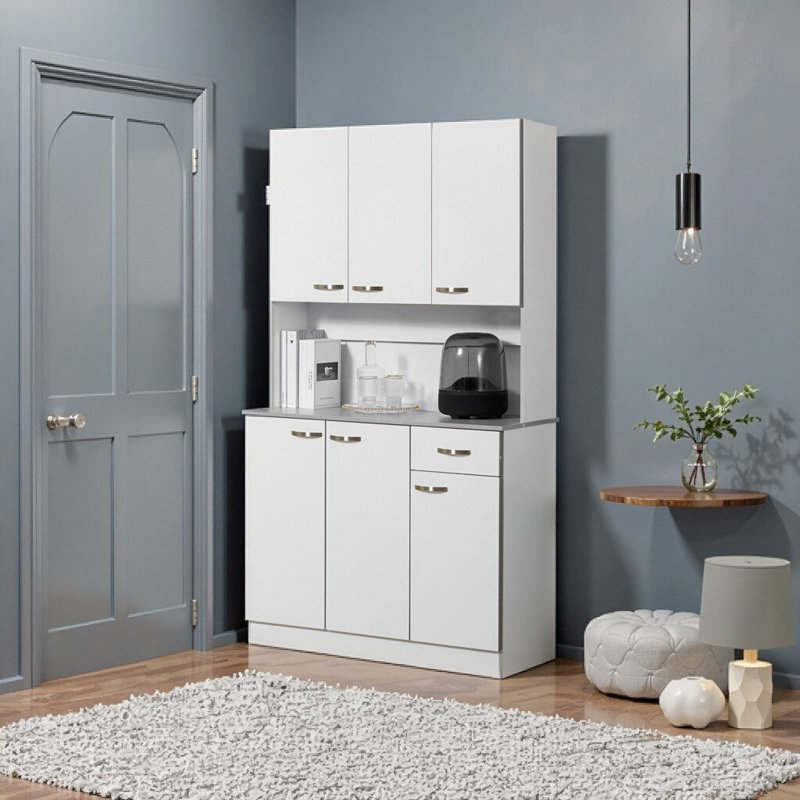 Buffet de cuisine 71 po autoportant moderne avec rangement de service, blanc - tablettes réglables et conception murale sécuritaire