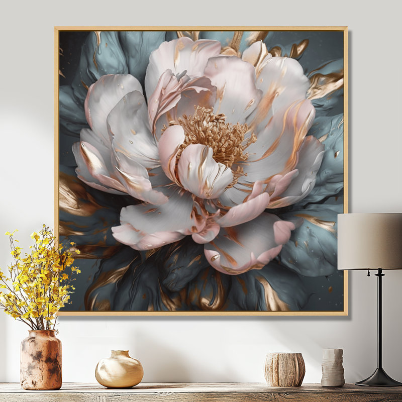 Pivoines roses et grises en fleurs I - impressions florales sur pivoines, H 36 po x l 36 po, Cadre flottant érable