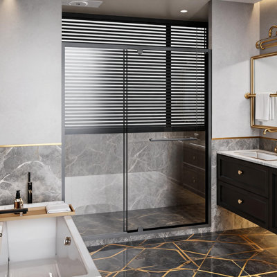 Porte de douche pivotante noire à largeur réglable de 56 à 60 pouces, avec verre trempé transparent et poignée en acier inoxydable