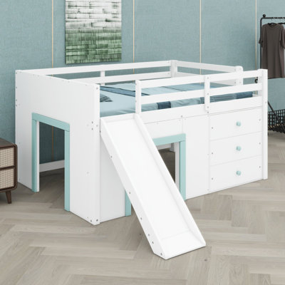 Loft bed with slide and built-in storage anchors a modern minimalist child's bedroom and complements clean-lined decor