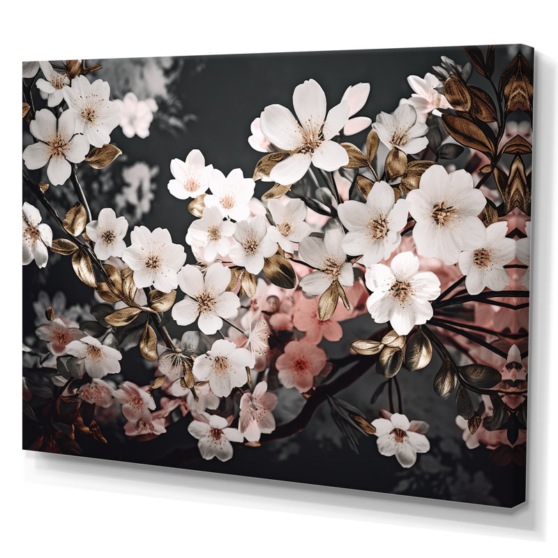 Branche avec fleurs de cerisier roses et blanches sur toile, H 24 po x l 32 po, Toile tendue