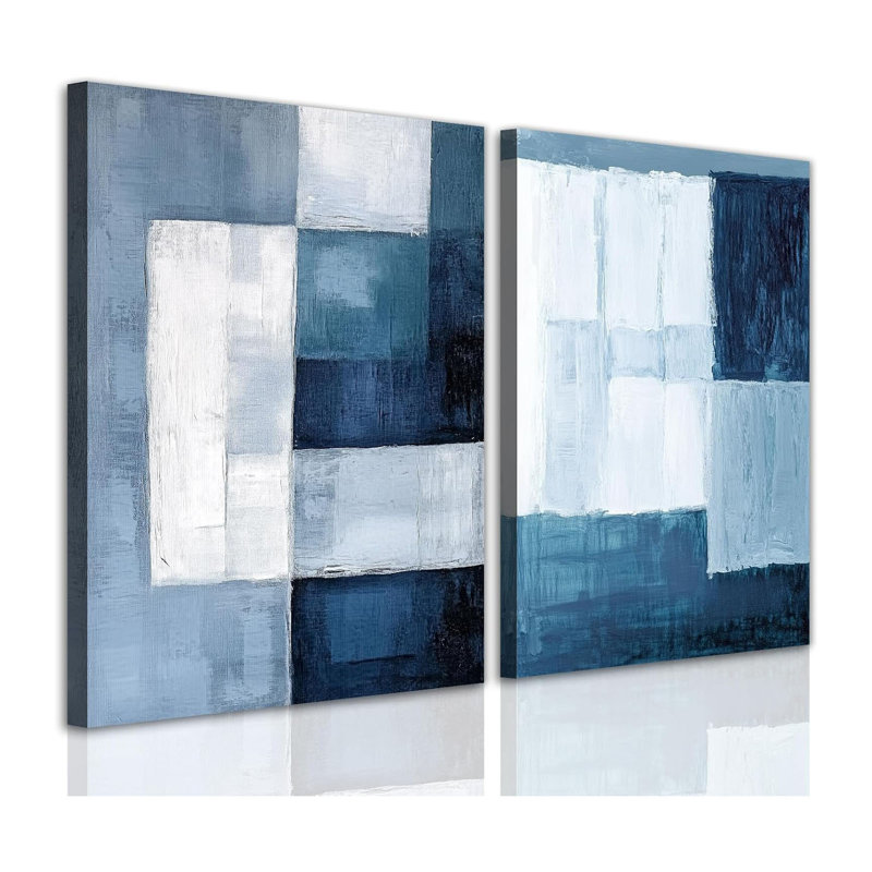 2 pièces d'art mural sur toile abstraite bleu blanc et gris Frmaed pour le salon, décoration minimaliste moderne prête à être accrochée (œuvre d'art - 1,16 po x 24 po x 2 pièces)