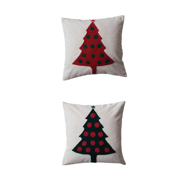 Cotton and Linen Square Christmas Tree Embroidered Pillow Set
