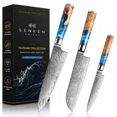 Ensemble de 3 couteaux de cuisine Damas - Collection Tsunami Essentiels - Acier japonais VG10 avec manches en loupe de bois et résine bleue - Couteau de chef 20 cm, Santoku 18 cm, couteau utilitaire 13 cm