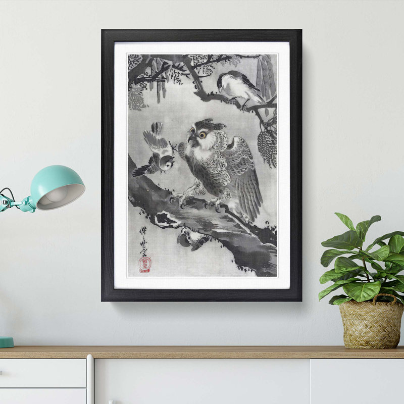 Birds with an Owl by Kawanabe Kyosai - Picture Frame Painting Print, 65cm H x 48cm W x 2cm D, Black Framed