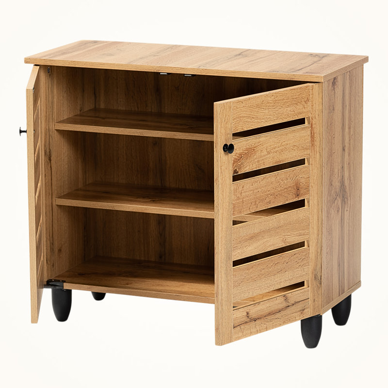 Kairo Oak Finish 3-Shelves With Two-Door Shoe Cabinet, 26.04" H X 29.77" W X 12.81" D