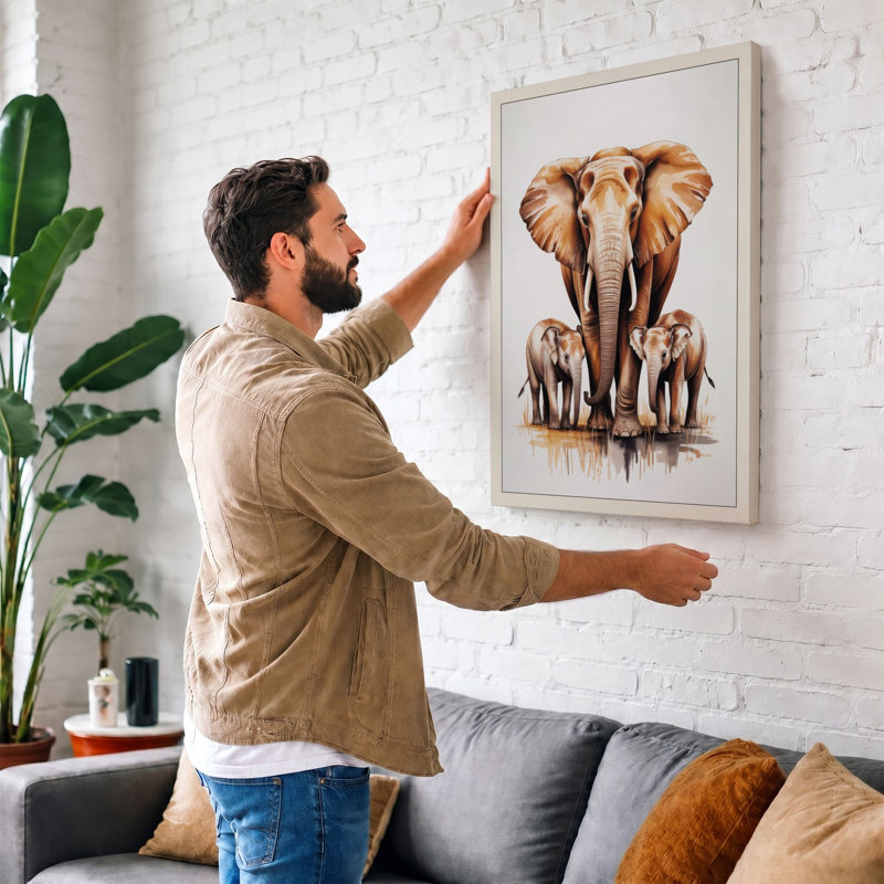 Elephant Family Boho - Print, 30x20 - 76.2 x 50.8 cm, Black Border