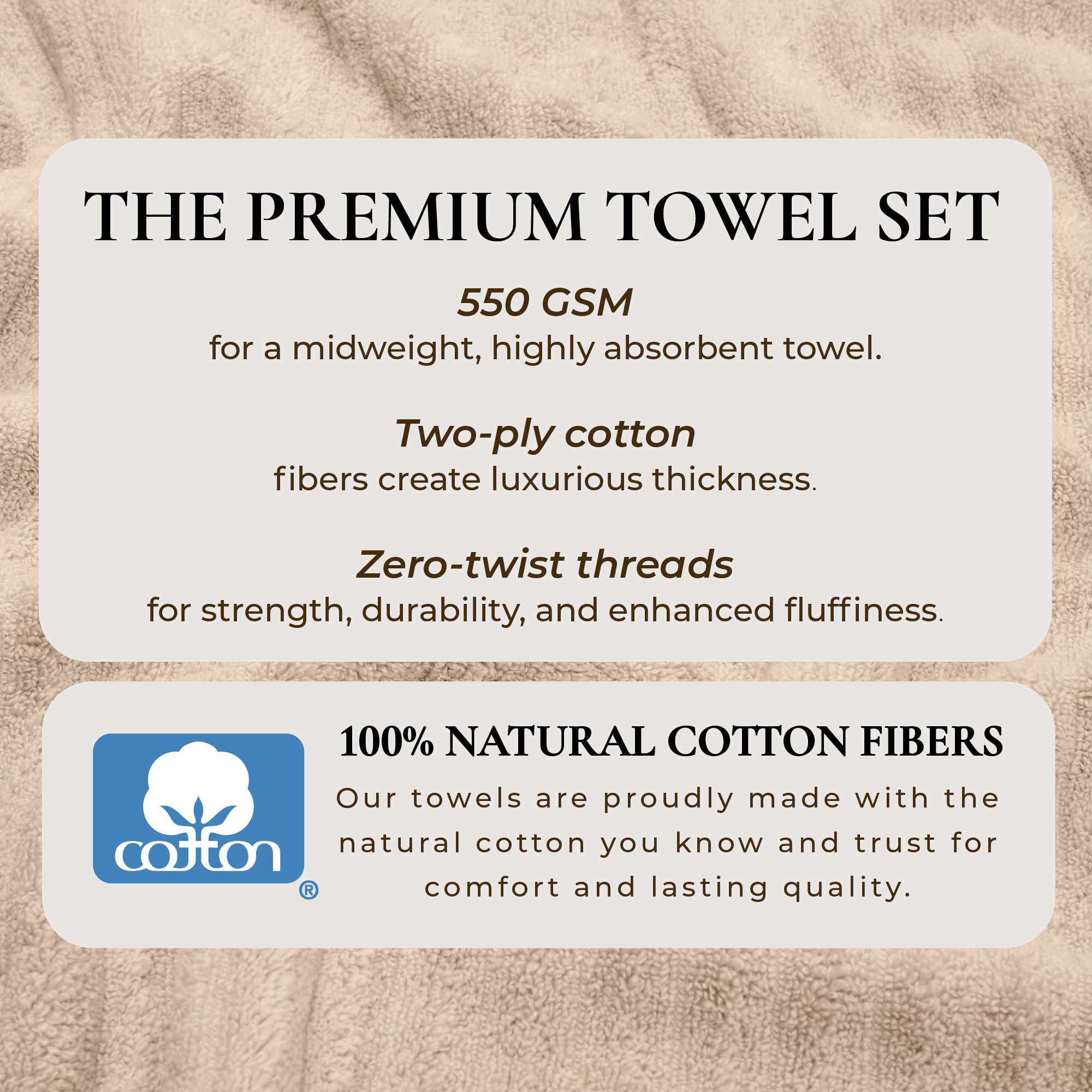 100% Zero-Twist Cotton Ribbed Hand Towels (Set of 6), Dune, 6 Piece Towel Set