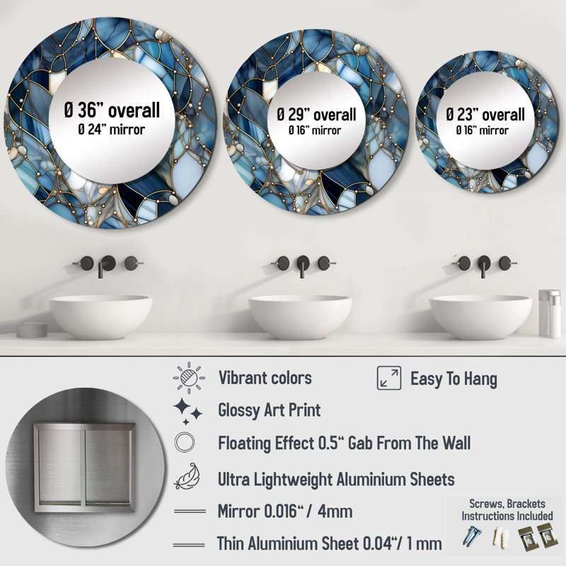 Motif de marbre Ribh Fantasy - miroir en marbre, miroir mural rond bleu, impression d'art en métal, 23 po x 23 po