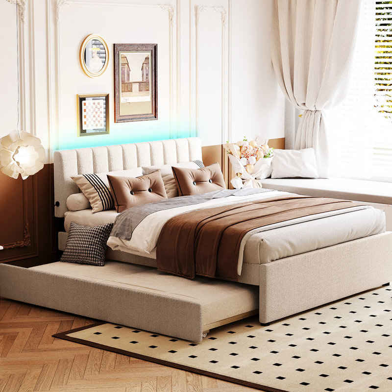 Lit plateforme tapissier avec lit gigogne simple TG - Matériau molletonné pour une chambre à coucher chaleureuse et confortable