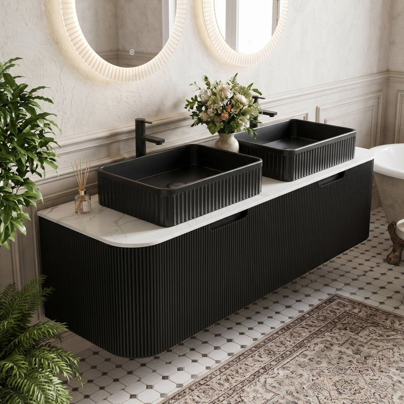 Ensemble de meuble-lavabo double 59,84 po avec plateau en marbre, Noir