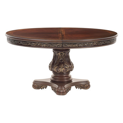 Table de salle à manger ronde/ovale 1 pièce avec rallonge, style traditionnel, finition cerisier avec bordures dorées, pour 6 personnes, en bois et placage de noyer.