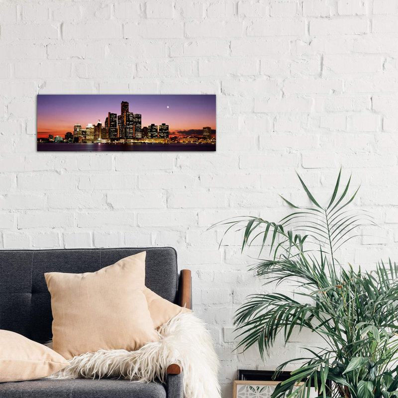Night Skyline Detroit Mi by Panoramic Images - Wrapped Canvas Panoramic Painting, 30.48 cm H x 91.44 cm W x 1.91 cm D