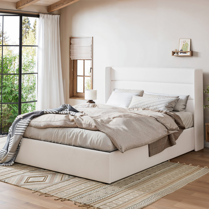 Hydraulic Lift Up Storage Upholstered Platform Bed, Full, White