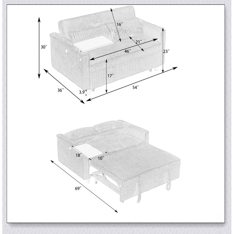 Canapé multifonctionnel coulissant et à pousser avec plateau de table mobile et ports USB, parfait pour les salons et les chambres